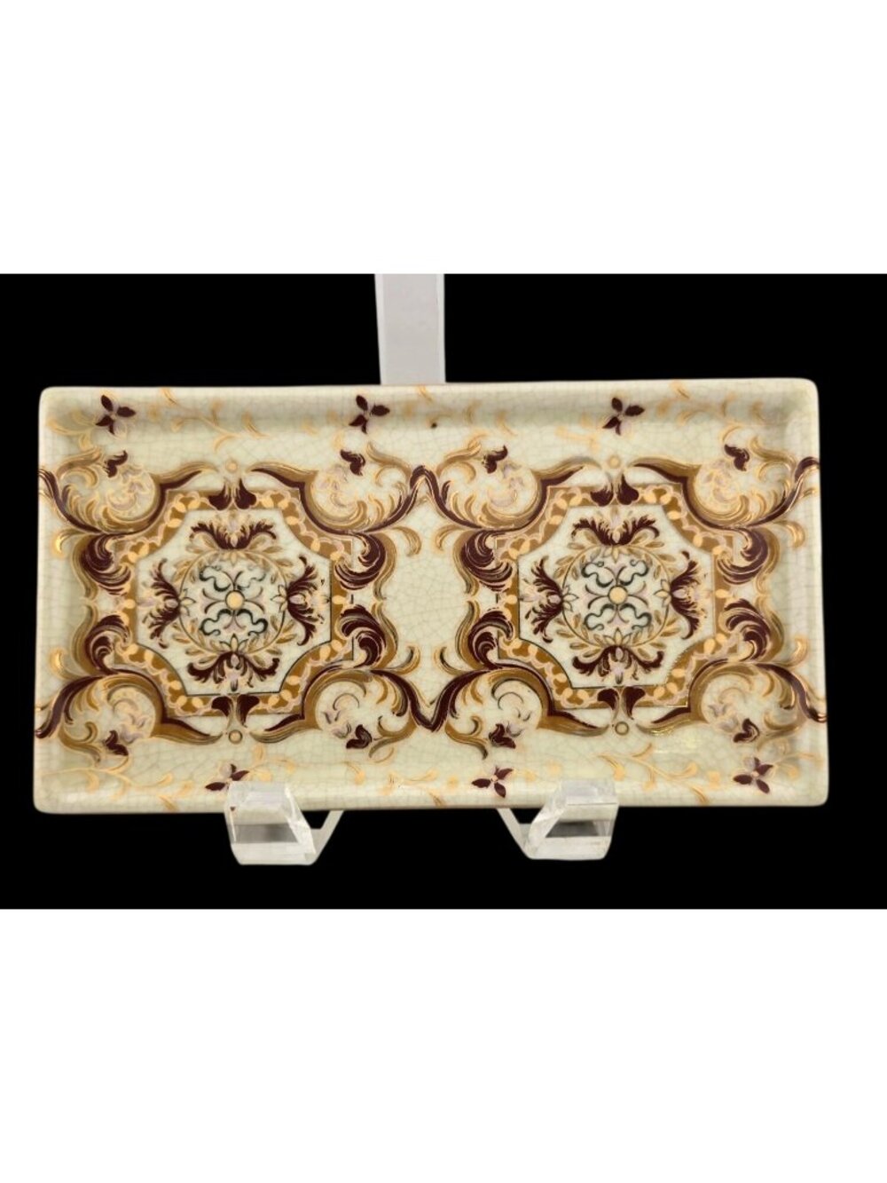 Amita Gold & Burgundy Floral Trinket Tray Ceramic Crackle 7.75 x 4"